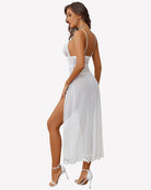 White lace long nightgown with V back and scalloped hem, side slit