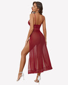 Burgundy long lace night gown with side split and open-back straps