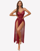 Burgundy lace long nightgown with plunging V neckline and flowing sheer side split