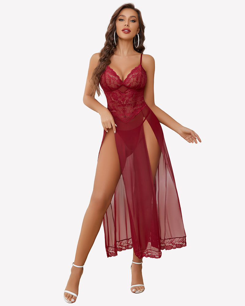 Burgundy long lace nightgown with plunging V neckline and high side slit
