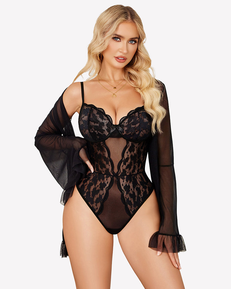 Lace teddy with sheer kimono robe, black, long sleeves with lace pattern