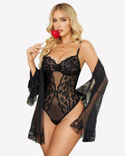 Lace teddy bodysuit with sheer kimono robe, black, lace texture and ruffled trim