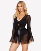 Sheer kimono robe set with lace teddy, black, waist bow and layered ruffle hem