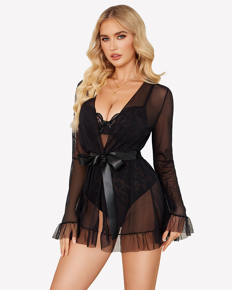 Sheer kimono robe set with lace teddy, black, waist bow and layered ruffle hem