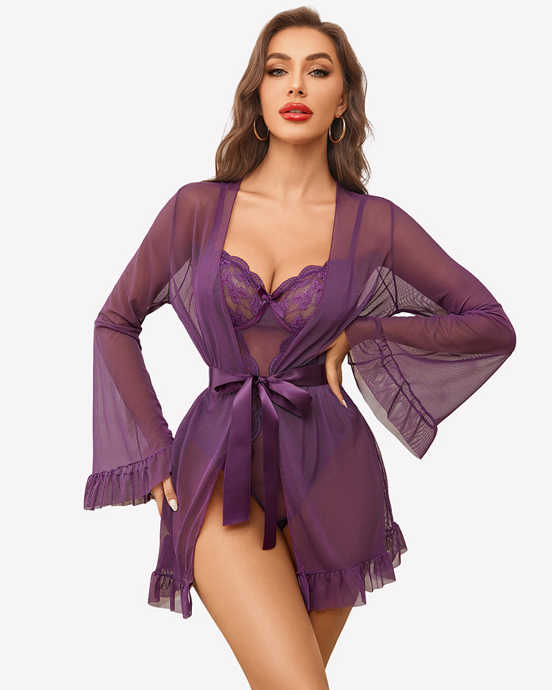 Sheer kimono robe set with lace teddy, purple, waist tie and flared ruffle cuffs