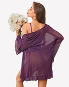 Sheer kimono robe and lace teddy set, purple with ruffled hem and lace cups.
