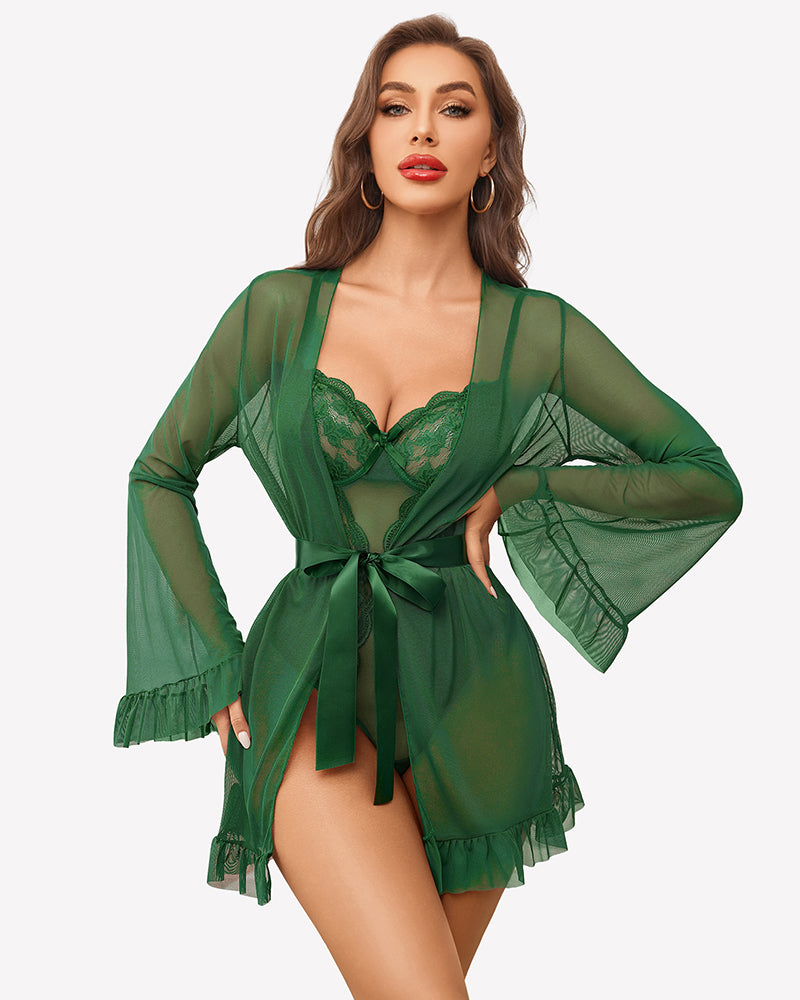 Green sheer kimono robe over lace teddy, tied front with ruffled trim.
