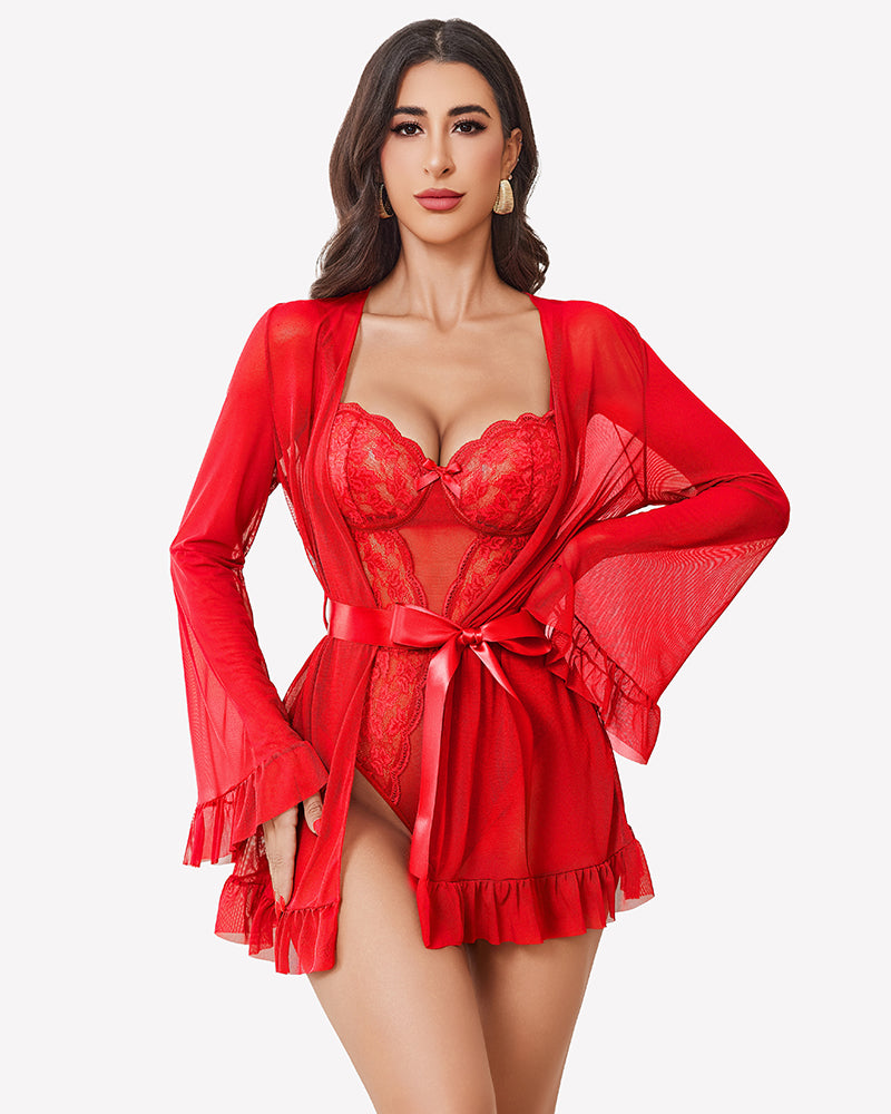 Red sheer kimono robe over lace teddy, tied waist with ruffled short hem.