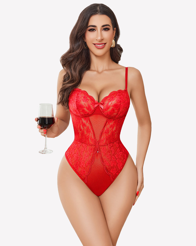 Red lace teddy with underwire cups and thin straps, sheer lace back.