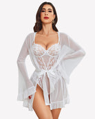 White sheer kimono robe with lace teddy bodice, ruffled hem and tie waist