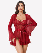 Sheer kimono robe set with lace teddy, wine red, bow at waist, ruffled hem