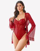 Sheer kimono robe set with lace teddy, wine red lace bodysuit, open robe sleeves