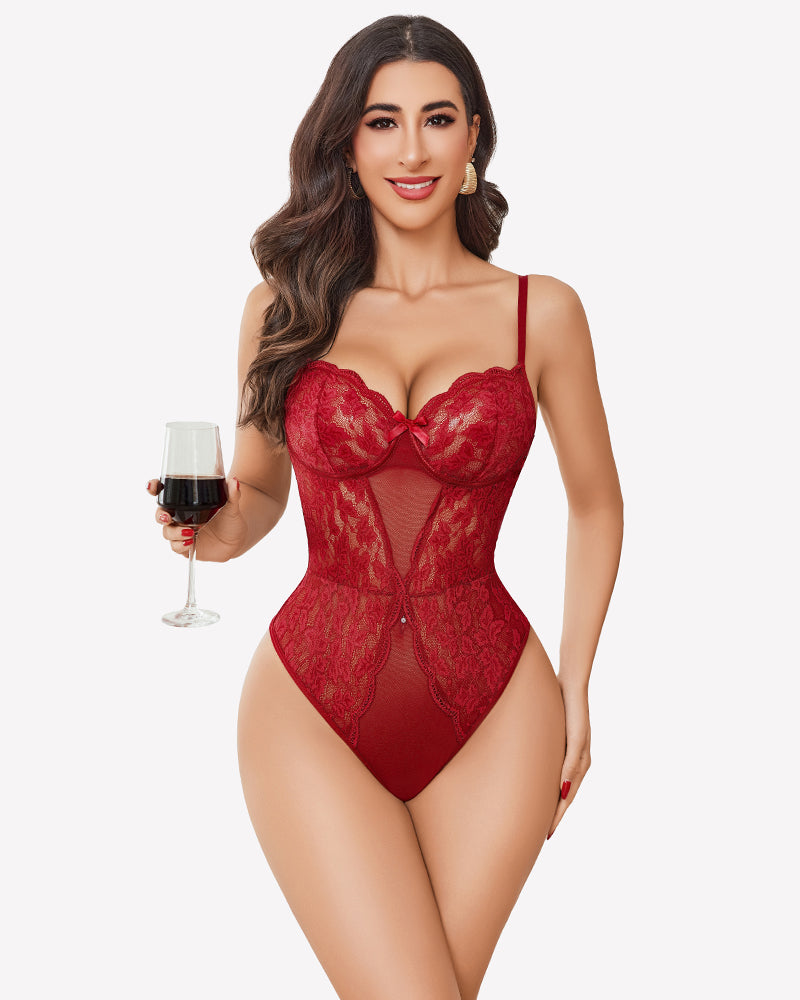 Lace teddy bodysuit, wine red, sheer lace bust with lace front detail