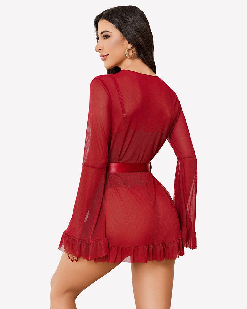 Sheer kimono robe with lace teddy, wine red, back view with waist tie and flared hem