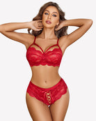 Red lace bra and matching lace panty set with lace-up front