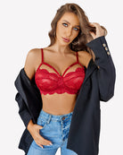 Wine red lace balconette bra and matching lace panty set with scalloped trim