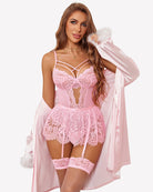 Pink lace crotchless bodysuit with ruffled mini skirt and draped sheer cover-up