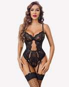 Black lace crotchless bodysuit with panty garter straps, front view.