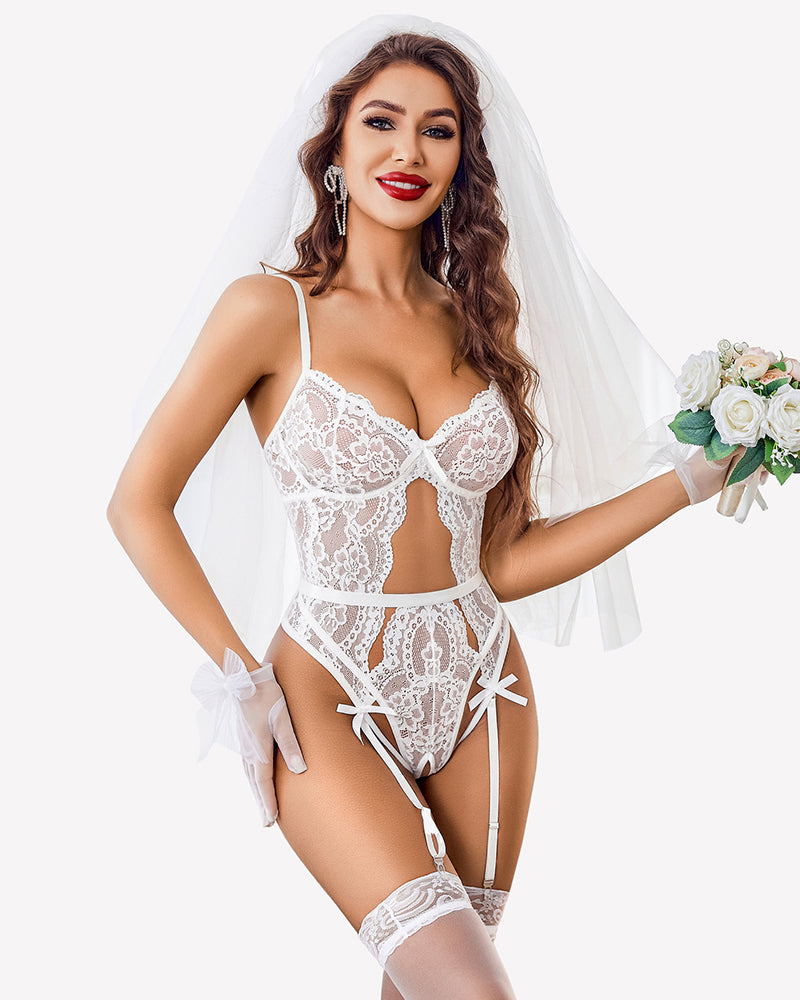 White lace crotchless bodysuit set with panty garters, sheer lace cups