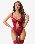 Wine red lace crotchless bodysuit with panty garter straps, front view.