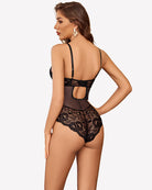 Black lace snap-crotch bodysuit back view with waist cutout and sheer mesh