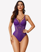 Purple lace snap-crotch bodysuit with cutout sheer panels and underwire cups