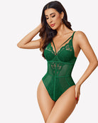 Green lace snap-crotch bodysuit with cutout sheer panels and underwire cups