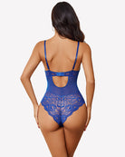 Sky blue lace snap-crotch bodysuit back view with waist cutout and lace briefs