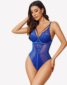 Sky blue lace snap-crotch bodysuit with cutout sheer panels and underwire cups