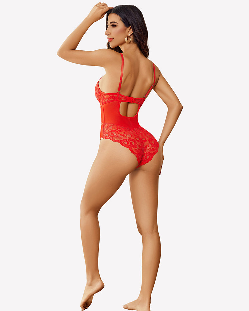 Red lace bodysuit with open back and lace-trimmed straps