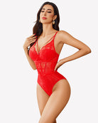 Red lace bodysuit with lace cups, high-cut legs, and sheer front panel