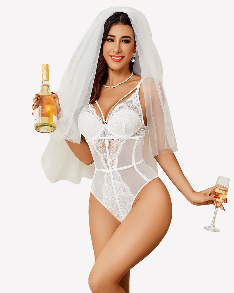 White lace bodysuit with plunging neckline and sheer corset panel