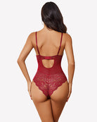 Burgundy lace bodysuit with open back and lace-trimmed high-cut legs