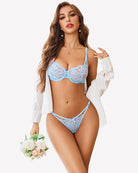 Floral lace bra and panty set in light blue, lace balconette bra and matching thong