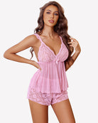 Floral lace pajama set, light pink lace babydoll top and matching lace shorts