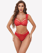Red lace wireless strappy bra and matching thong-style panty set