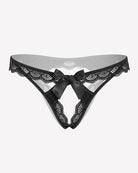 Black floral lace low-rise thong with scalloped edges and a satin bow at center.