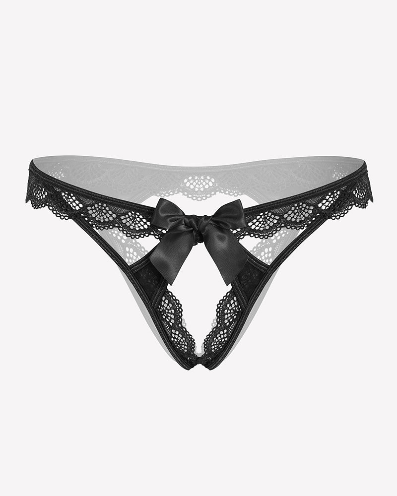 Black floral lace low-rise thong with scalloped edges and a satin bow at center.