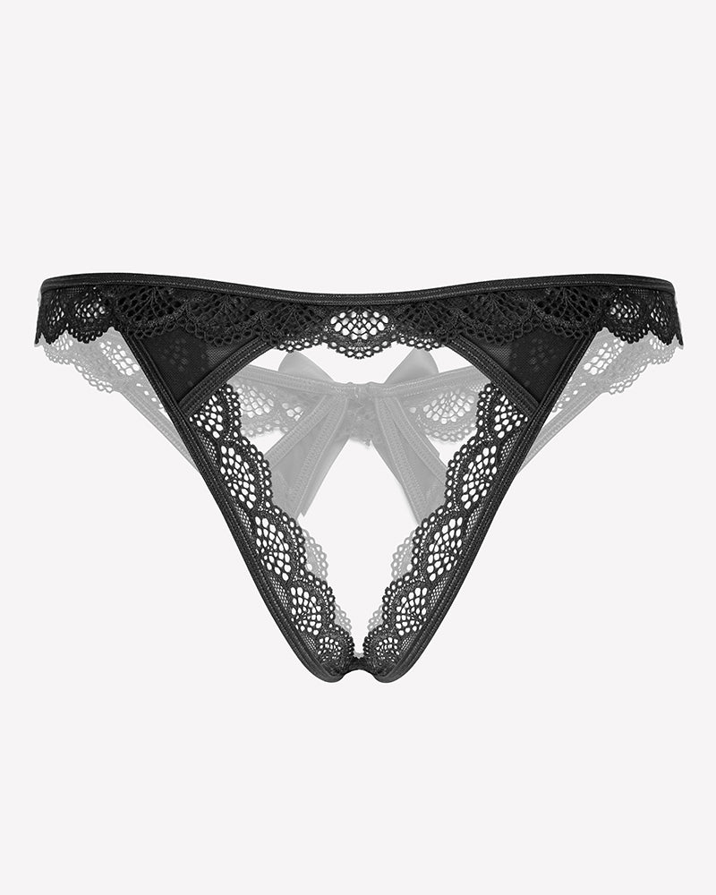 Black floral lace low-rise thong with scalloped lace trim and openwork sides.