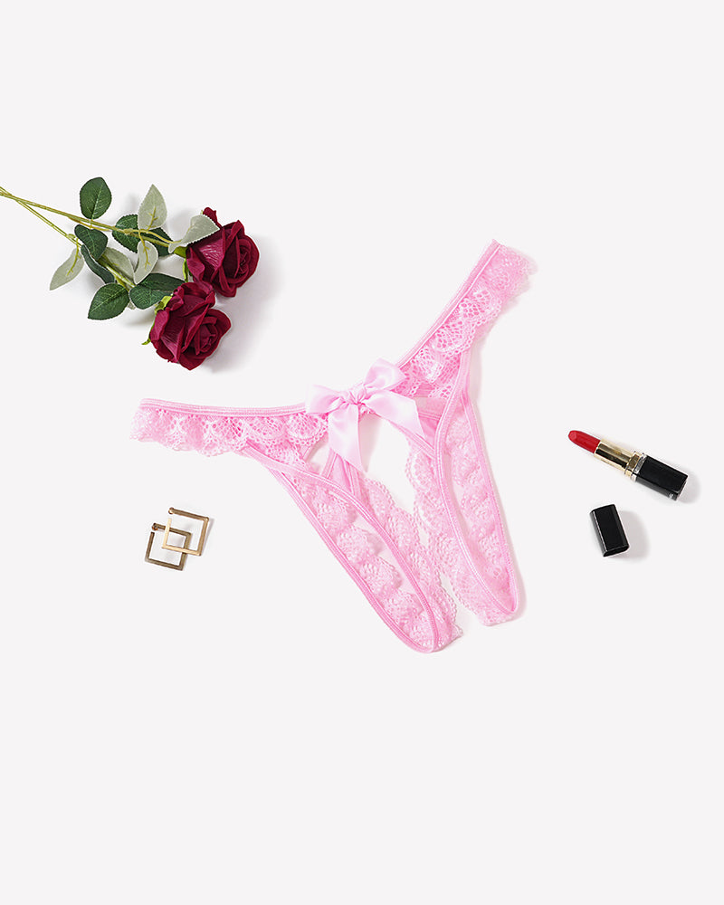 Low-rise lace thong, pink floral lace with scalloped trim and center bow