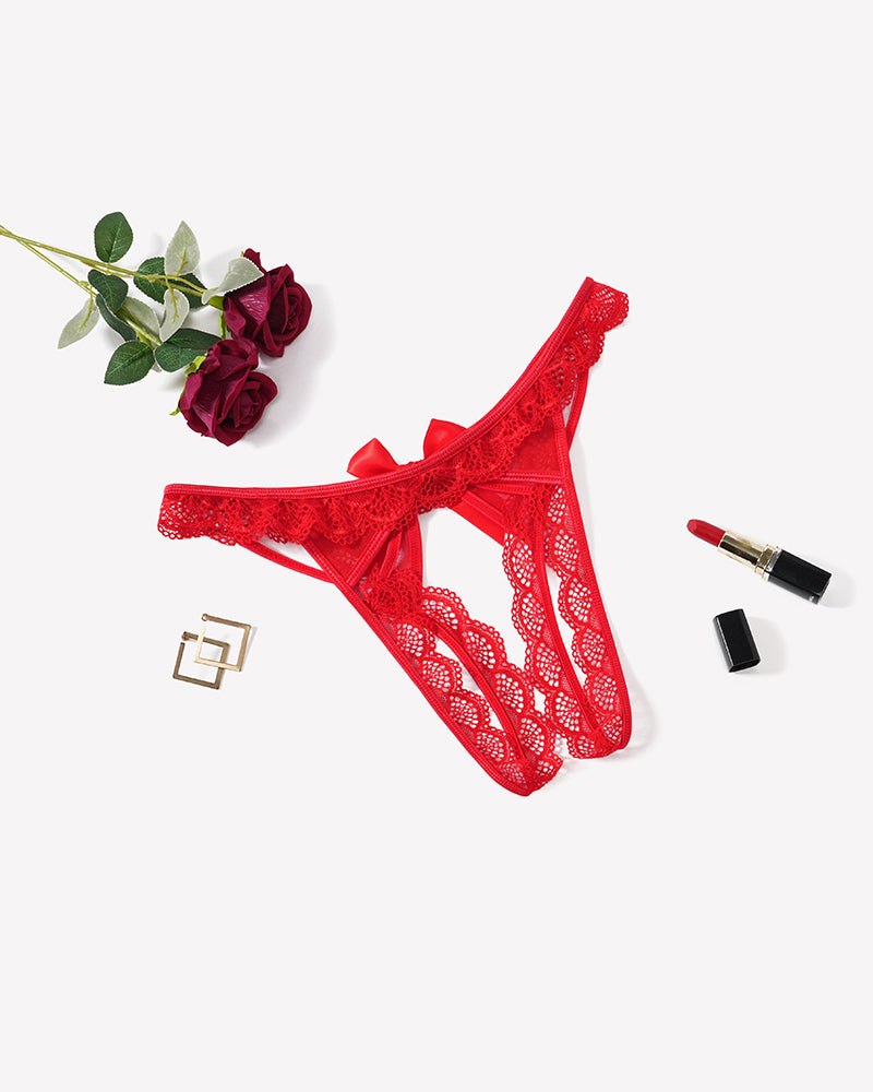 Low-rise lace thong, red floral lace with scalloped waist edge and sheer pattern
