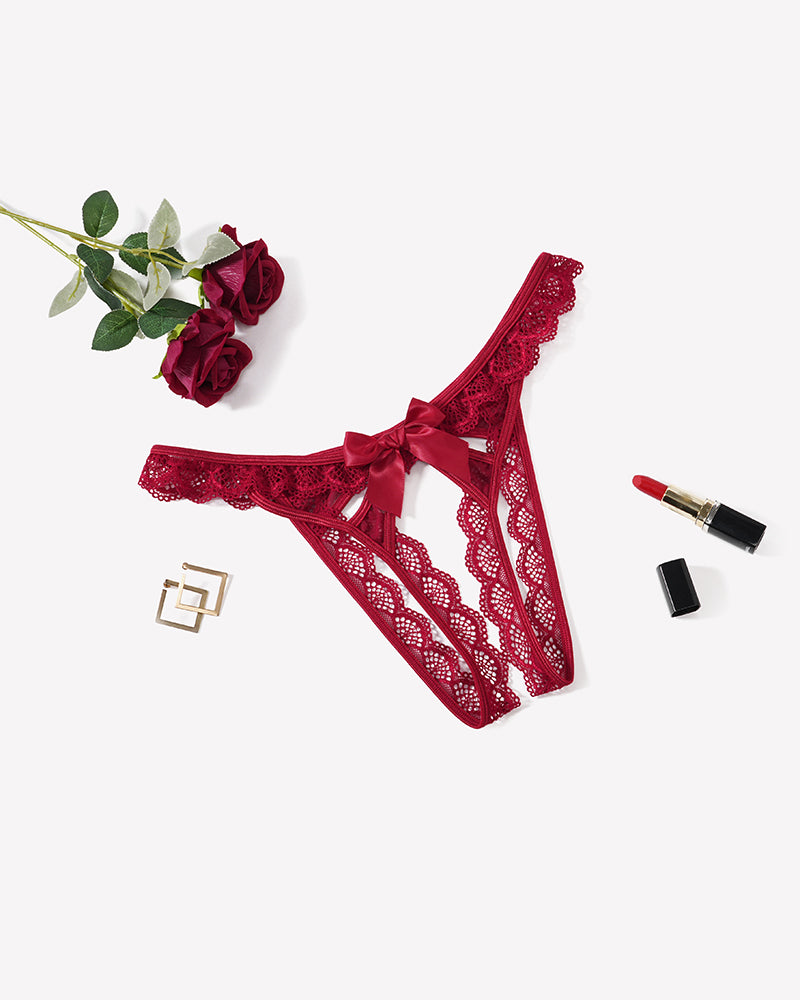 Low-rise lace thong, red floral lace with scalloped trim and center bow