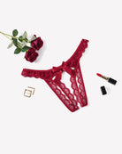 Low-rise lace thong, red floral lace with scalloped trim and center bow