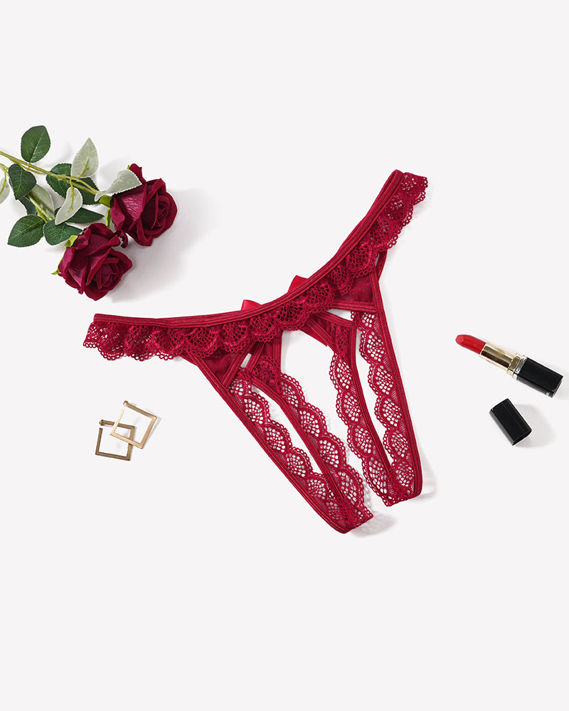 Floral lace low-rise thong in deep red with scalloped edges