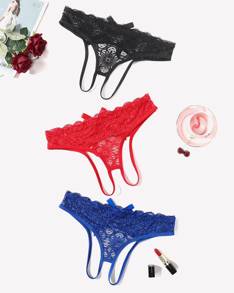 Lace thong briefs assortment in black, red, and blue, with lace bow accents