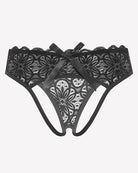 Black lace briefs with bow at back, openwork panels, scalloped edges.