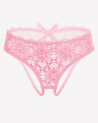 Pink lace thong briefs with scalloped waistband, floral openwork pattern.