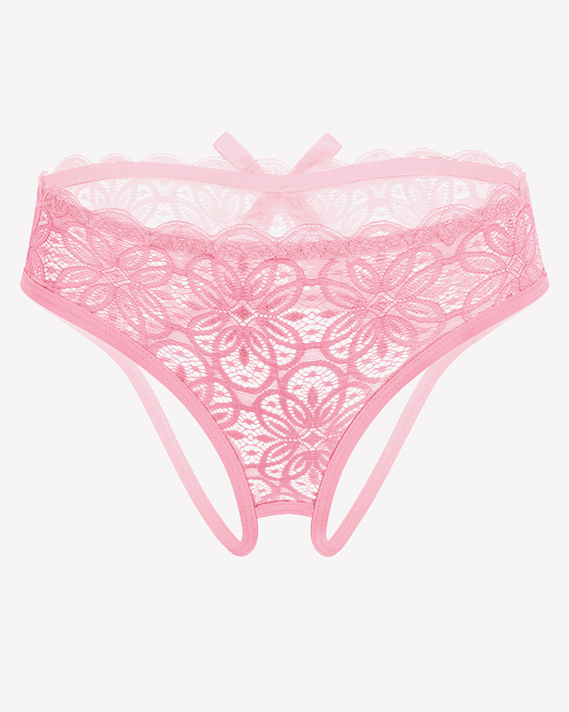 Pink lace thong briefs with scalloped waistband, floral openwork pattern.