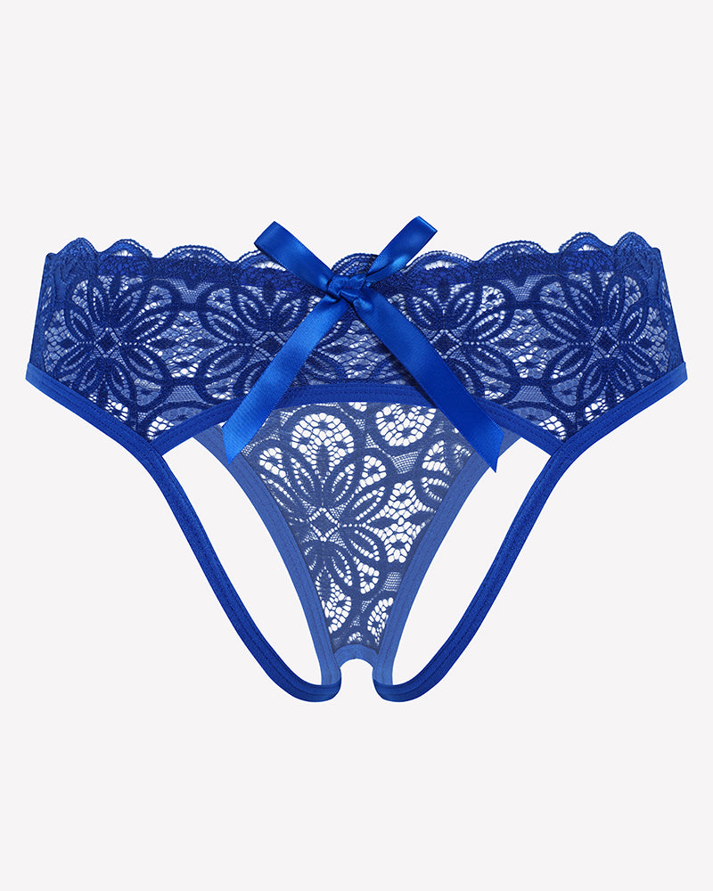 Royal blue lace briefs with bow at back, openwork panels, scalloped edges.
