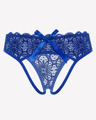 Royal blue lace briefs with bow at back, openwork panels, scalloped edges.